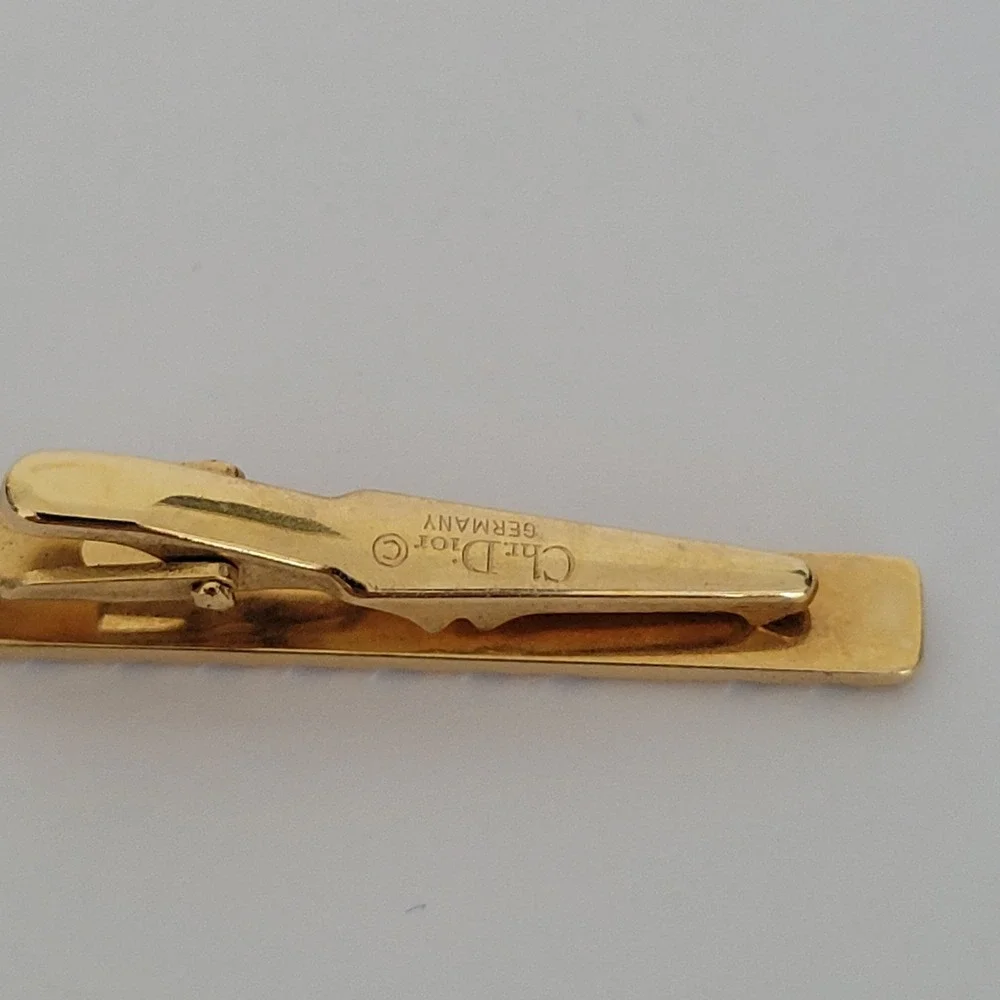 Christian Dior Vintage‎ Tie Clip Gold Silver Two Tone Logo Textured Made Germany